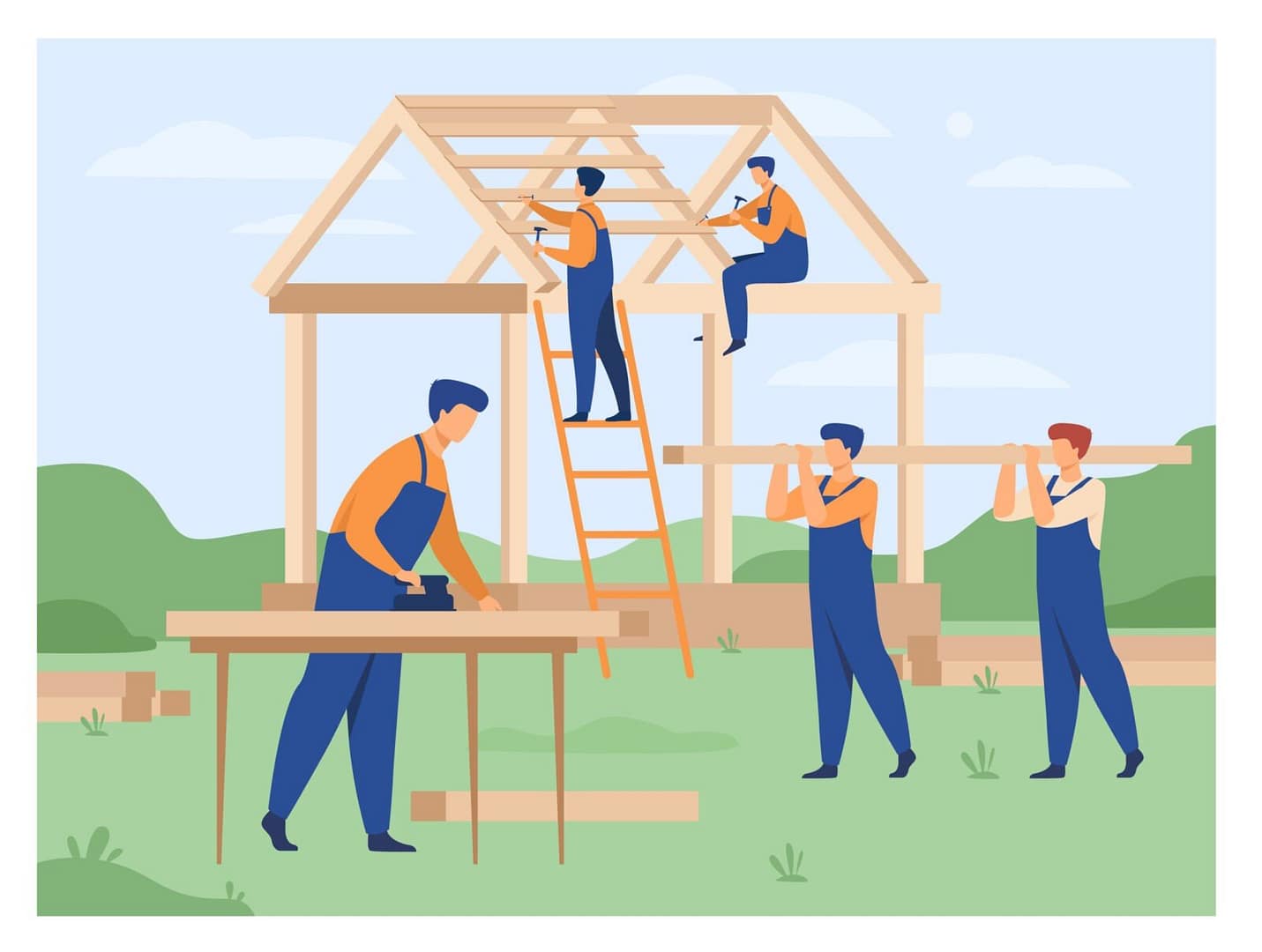 Professional carpenters team building house isolated flat vector illustration. Cartoon builders in uniform making roof and wall structure. Construction and teamwork concept О нас